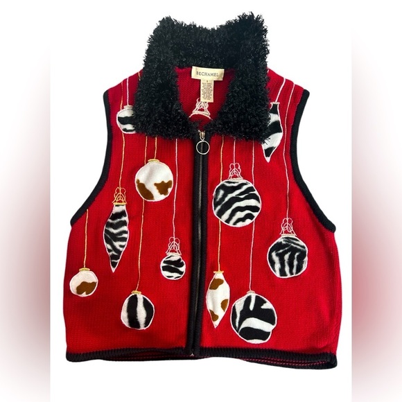 Vintage BECHAMEL black red zebra leopard Christmas ornaments holiday vest Sz S - Picture 3 of 9